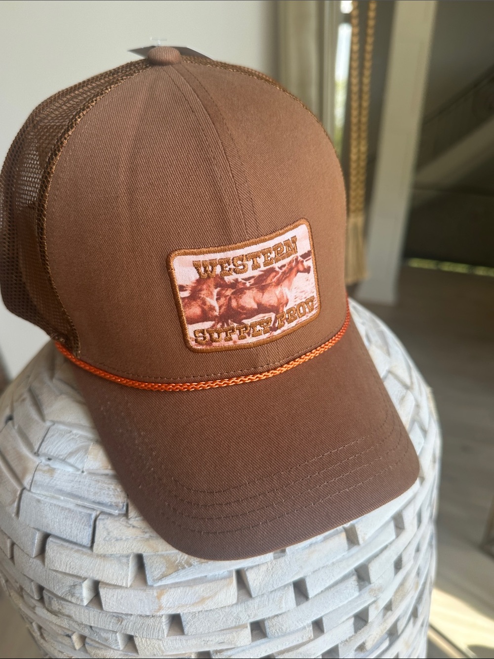 Brown Trucker Hat with Orange Rope Detail